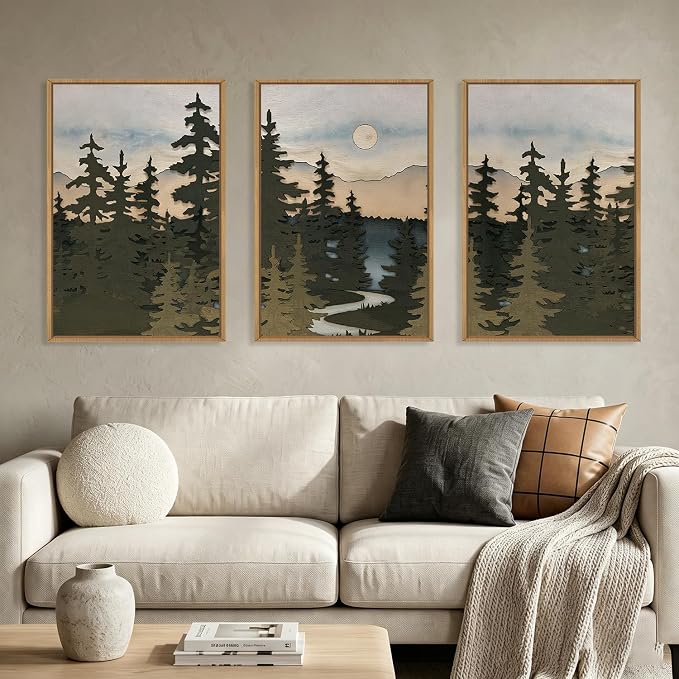 HPNIUB Woodcut Style Mountain Framed Wall Art Set,Vintage Pine Tree Wall Decor,Boho Sunset Nature Art Print,Wilderness Forest Artwork for Living Room, Bedroom,Dining Room,Office-16''x24''x3