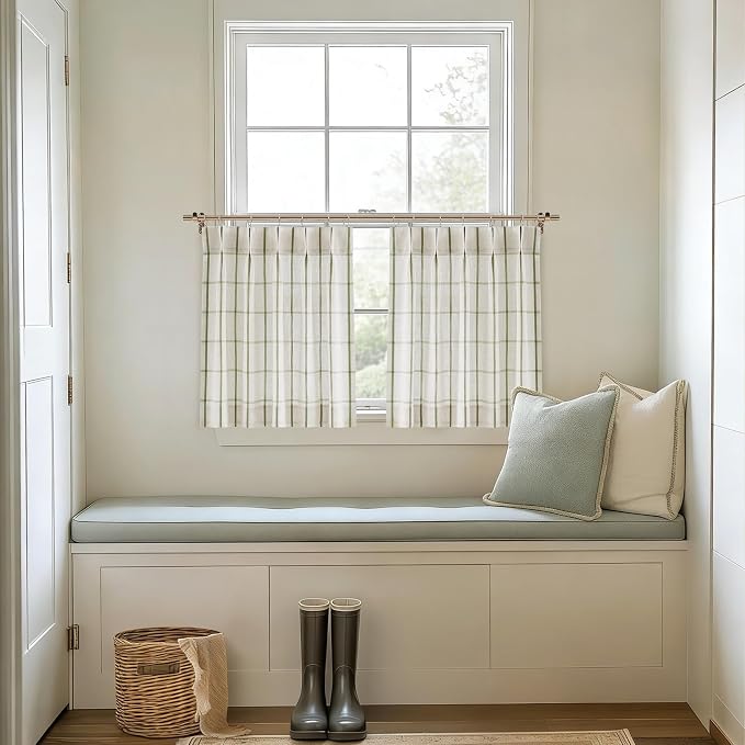 Vision Home Sage Green Plaid Linen Pinch Pleated Tier Curtains 24 inch, Checkered Semi Sheer Kitchen Curtains with Back Tab Hooks, Light Filtering Small Window Panels for Bathroom Laundry, 25"Wx24"Lx2
