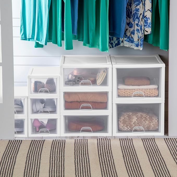 Sterilite 24-Pack 16 Quart Stacking Drawer, Clear Storage Closet Organizer, White Frame - Stackable Modular Plastic Drawers for Clothes, Accessories, Craft Supplies, Shoes or Linens