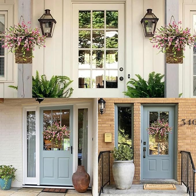 2026 Cream Hydrangea Door Hanger Basket Wreath, Spring Summer Wreaths for Front Door Wildflowers Front Door Basket Wreath Artificial Flower Hanging Basket for Home Farmhouse Seasonal Decor (F)