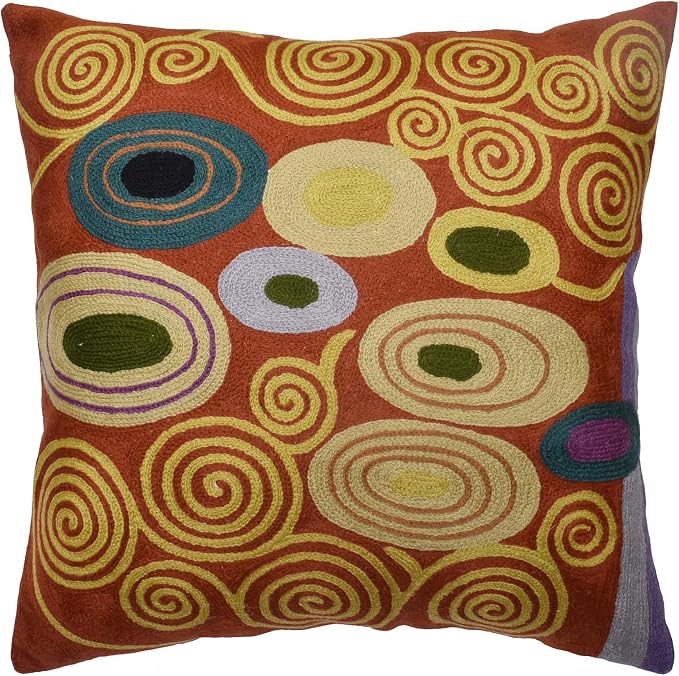 Klimt Rust Pillow Cover | Art Nouveau Bronze Pillows | Mid Century Modern Copper Pillowcase | Modern Chair Cushion | Modern Farmhouse Pillows | Hand Embroidered Wool Size 18x18