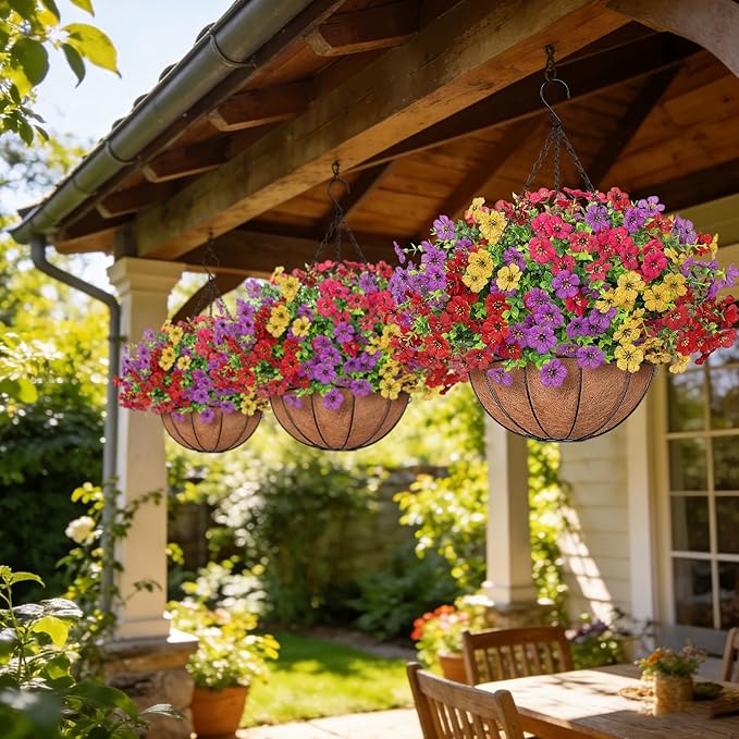 Artificial Fake Hanging Flowers Plants Basket Outdoors, Faux Silk UV Resistant Look Real Daisy Eucalyptus for Spring Summer Garden Porch Home Patio Balcony Yard Decorations, Multicolor