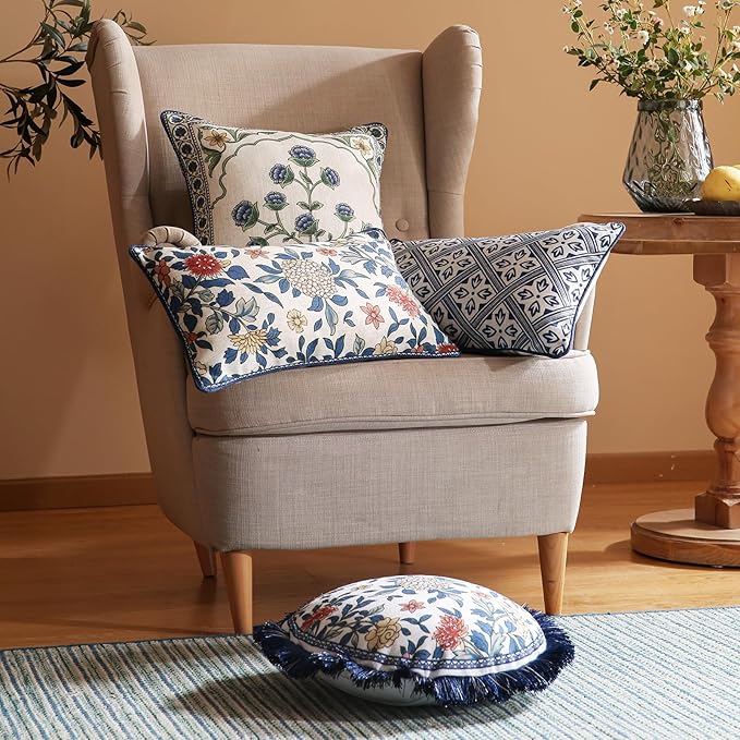 patdrea Vintage Linen Throw Pillow Cover,Diameter 16",Set of 2-Ivar A | French Decorative Pillow Case,Chinoiserie Blue Floral Print Pillow Cover for Couch Living Room Bedroom,Fringe Trim