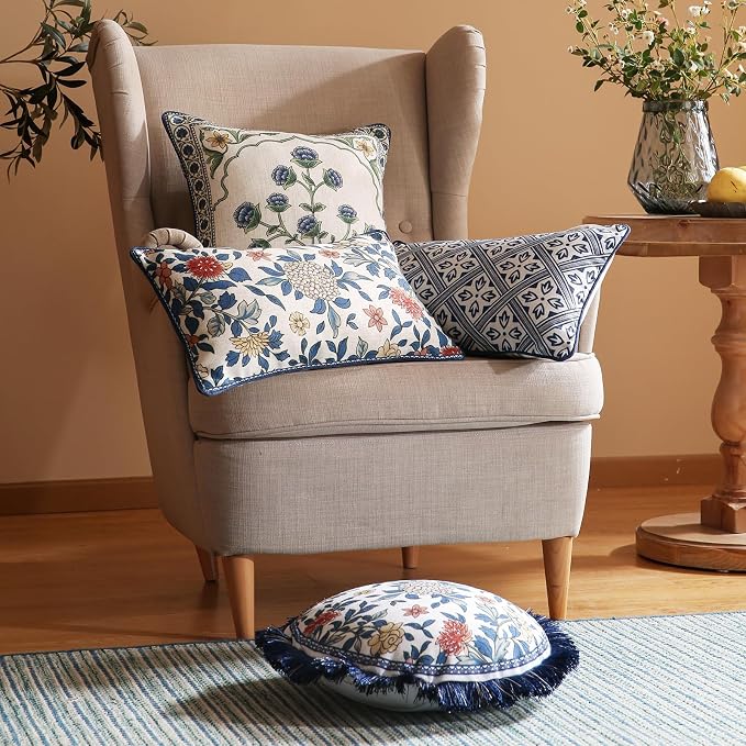 patdrea Designer French Linen Throw Pillow Cover,12"x20",Set of 2-Ivar C | Decorative Pillow Case,Chinoiserie Blue Floral Print Pillow Cover for Couch Living Room Bedroom Sofa