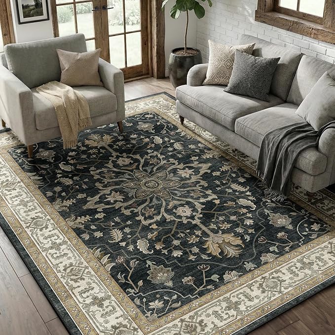 RELEANY Area Rugs 5'x7' Washable Non-Slip, Floral Vintage Distress Print Pattern Medallion Carpet for Living Room Bedroom Dining Room, Vintage Black Brown Neutral