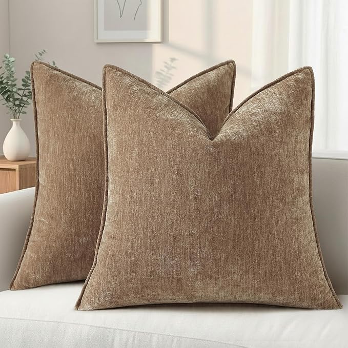 decorUhome Summer Couch Euro Sham Throw Pillow Covers 24x24 Set of 2, Decorative Soft Velvet Modern Cozy Chenille Pillow Cases with Elegant Design for Sofa Bed Living Room Home Decor, Brown