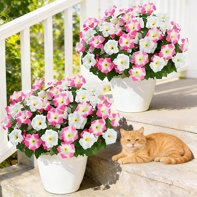 MARTINE MALL Artificial Flowers for Outdoors, 4 Bundles Realistic Fake Outdoor Flowers, UV Resistant Silk Petunia Flower for Outside Look Real Faux Flower Plants for Outdoor Porch Decor, Pink White
