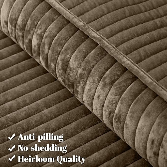 PHF Luxury Velvet Quilt Set Queen Size – 3PCS Ultra Soft Quilted Comforter Alternative with Striped Channel, Cozy Quilted Bedspread, 1 Coverlet with 2 Matching Shams, 90" x 92", Cub