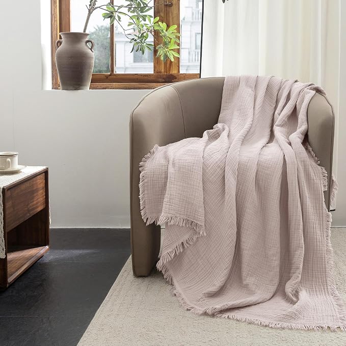 FOSSA Muslin Blanket 4-Layer 100% Cotton Gauze Blanket with Fringe 50"x70" | Super Soft Breathable Lightweight All Season & Decorative Blanket or Bed, Sofa, Office (Greyish Pink,Throw XL)