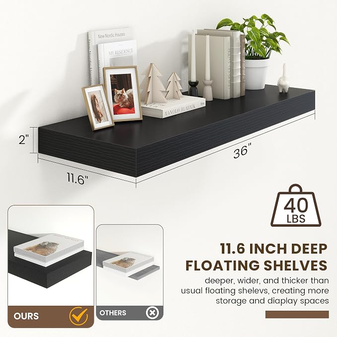 FLYJOE 12 Inch Deep Floating Shelves 36 Inches Long | 36'' Black Shelves for Wall Set of 1, 36'' x 12'' Rustic Black Wood Shelves for Living Room Bathroom Laundry Room Kitchen