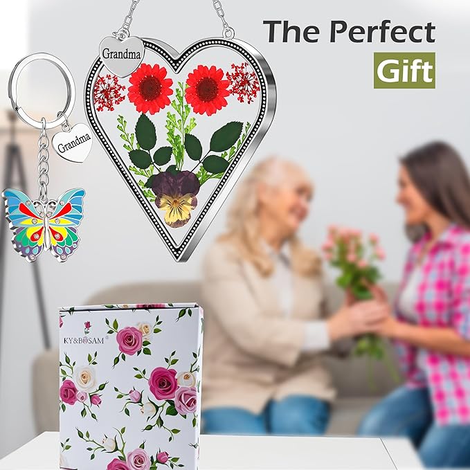 KY&BOSAM Heart Suncatcher for Windows Hangings Grandma Gift Stained Glass Butterfly Suncatcher Pressed Flower Between Heart in Glass Metal Engraved Charm Gift for Women Mother's Day Birthday Christmas