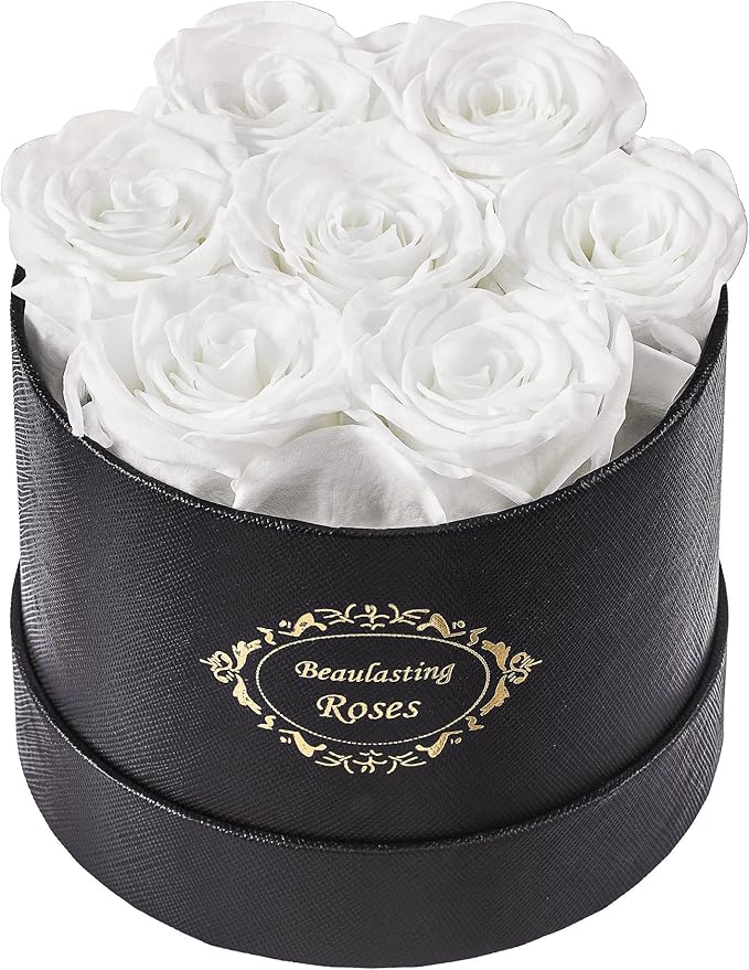 Beaulasting Long Lasting Preserved Roses in a Box Last a Year Forever Flowers for Her Mom Wife Anniversary Birthday (Round Black Box, White)