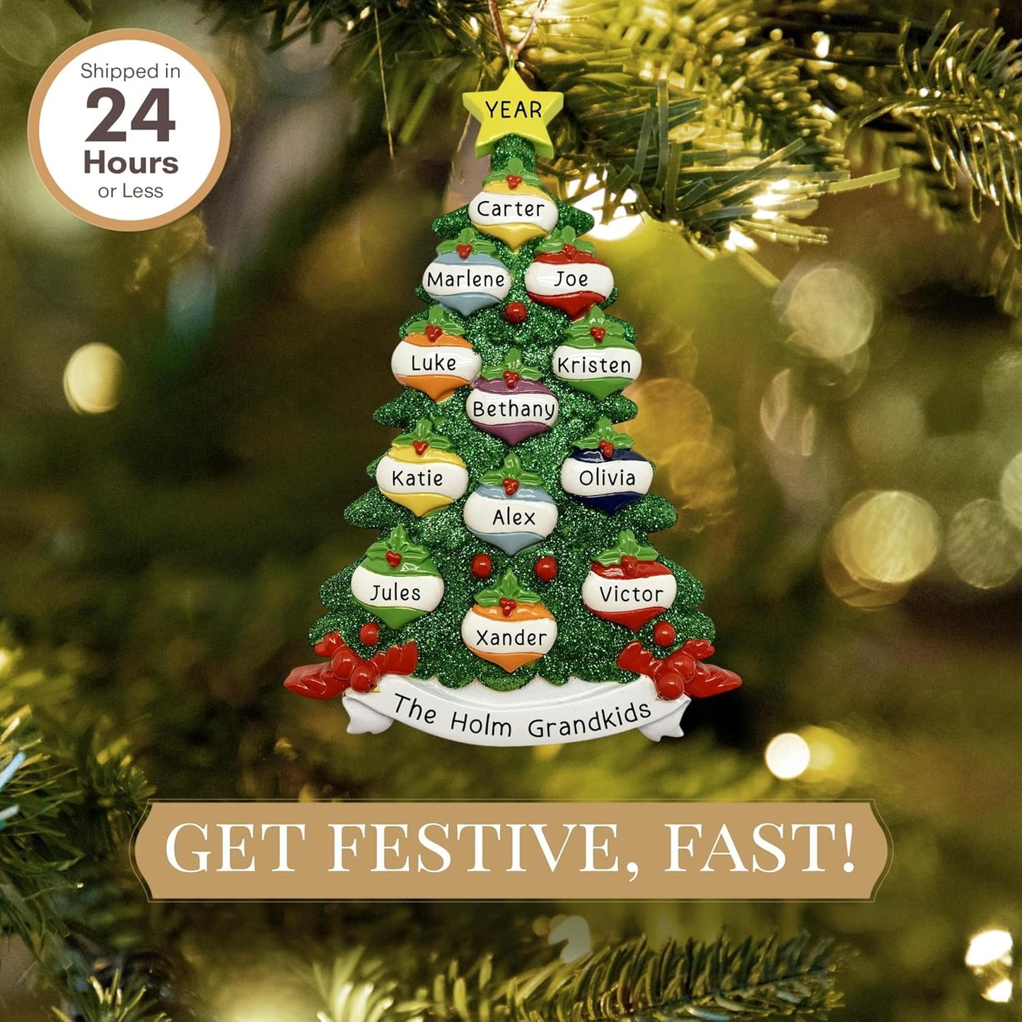 Personalized Large Family of 12 Ornament 2025 | Free 24h Customization | Christmas Ornaments for Tree | Custom Gift Wrapped Green Glitter Keepsake for Twelve Persons