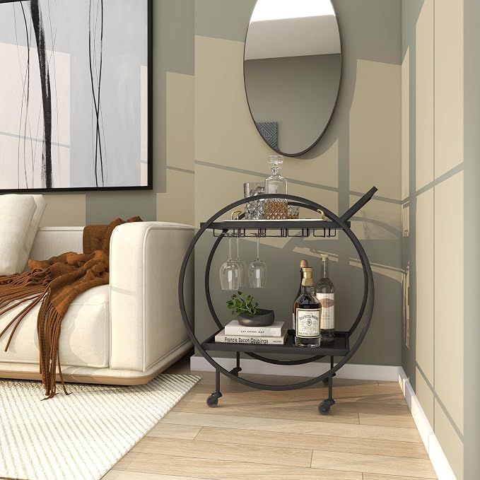 Deco 79 Metal Rolling 2 Mirrored Shelves Bar Cart with Wine Glass Storage and Handle, 28" x 14" x 31", Black