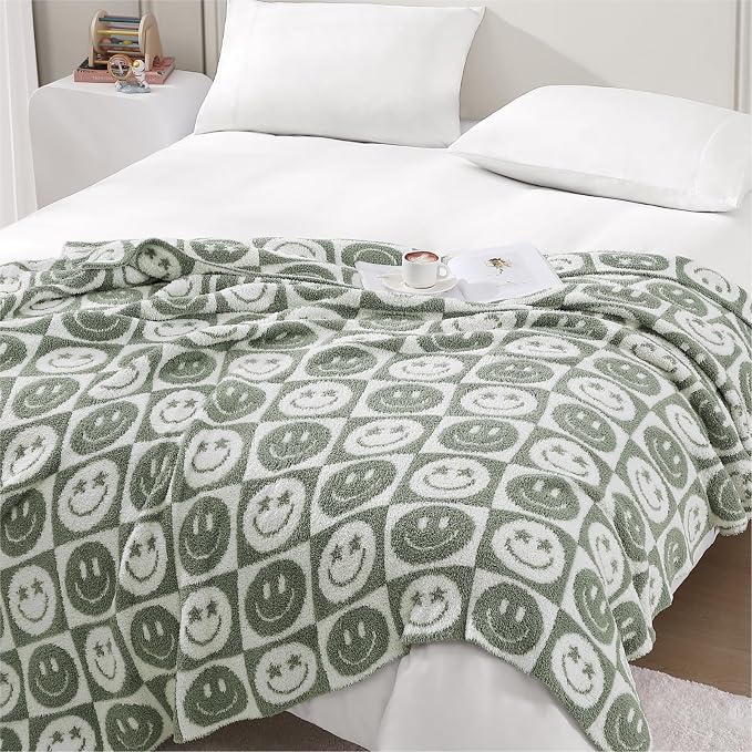 WRENSONGE Soft Checkered Throw Blanket for Couch-Cozy Warm Knitted Blankets | Lightweight Warm Fluffy Decor for Women, Mom, Her & Girls, Sofa, Chair, Bed, 50x60in, Seagrass Smiling Face