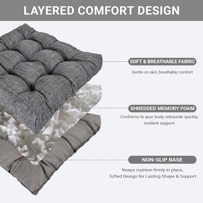 Large Square Floor Cushions Set of 2, 22 x 22 Inch with Non-Slip Bottom, Memory Foam Floor Pillow for Sitting, Meditation & Yoga, Soft Supportive Floor Seating Cushion for Adults & Kids (2, Dark Grey)