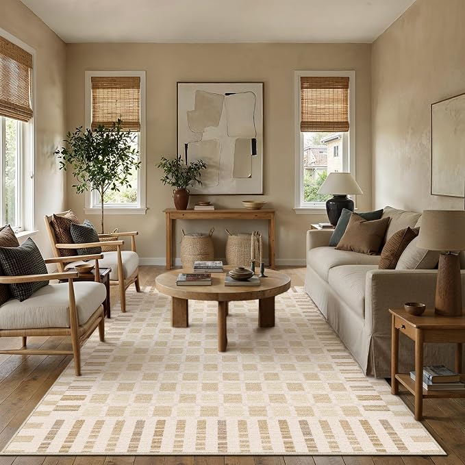 PureCozy Machine Washable Beige 5x7 Area Rugs for Living Room Modern Soft Large Checkered Rug Non-Slip Low Pile Accent Indoor Office Carpet for Bedroom Dining Room Nursery Classroom