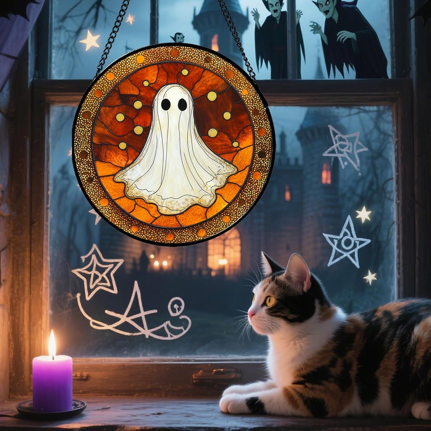 Stained Glass Window Hanging - Halloween Decorations White Ghost Suncatcher for Doors Garden Indoor Spooky Funny Orange Sun Catchers Gothic Decor Horror Gifts for Women Men Friend 15 in