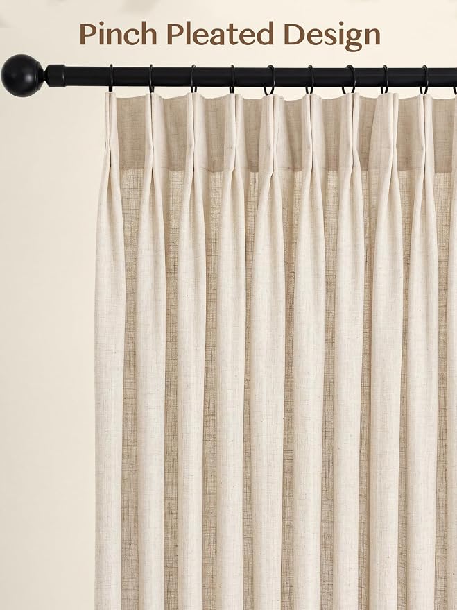 Liz Pinch Pleated Linen Curtains 92 Inches Long - Light Filtering Curtains for Living Room, Semi Sheer Window Curtains for Bedroom, Luxury Pinch Pleated Drapes with Hooks, Natural, 2 Panels Set