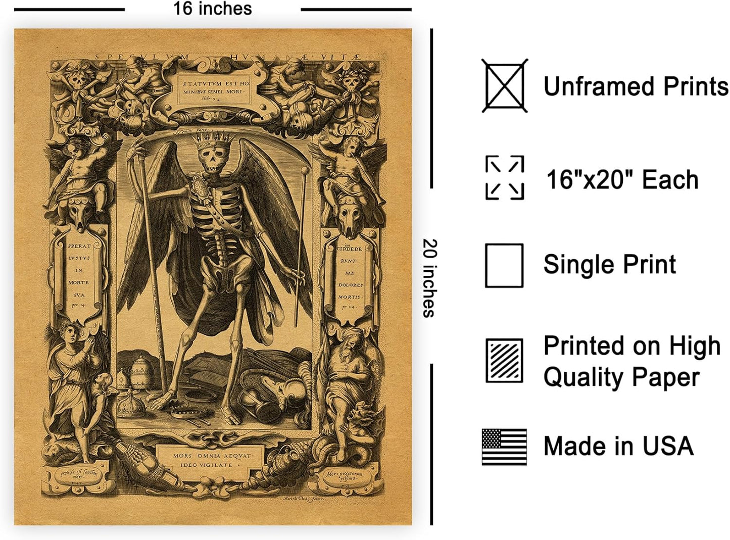 Poster Master Vintage Angel of Death Poster - Grim Reaper Print - Halloween Art - Mirror of Human Life Art - Gift for Men & Women - Gothic Decor for Living Room or Bedroom - 16x20 UNFRAMED Wall Art