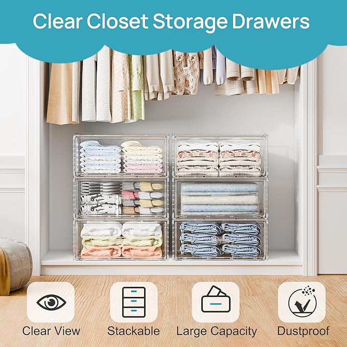 Vtopmart 6 Pack Large Clear Stackable Storage Drawers 27QT, Easily Assemble Plastic Closet Storage Bins, Dust-Proof UnderBed Organizer for Clothing, Sweater Organization