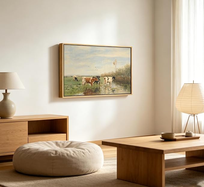 Large Wood Framed Vintage Cows Wall Art,Farm Field Landscape Canvas Print,Valley cattle herd Nature Country Painting,Picture Bedroom Wall Decor Gifts for Friends or Family