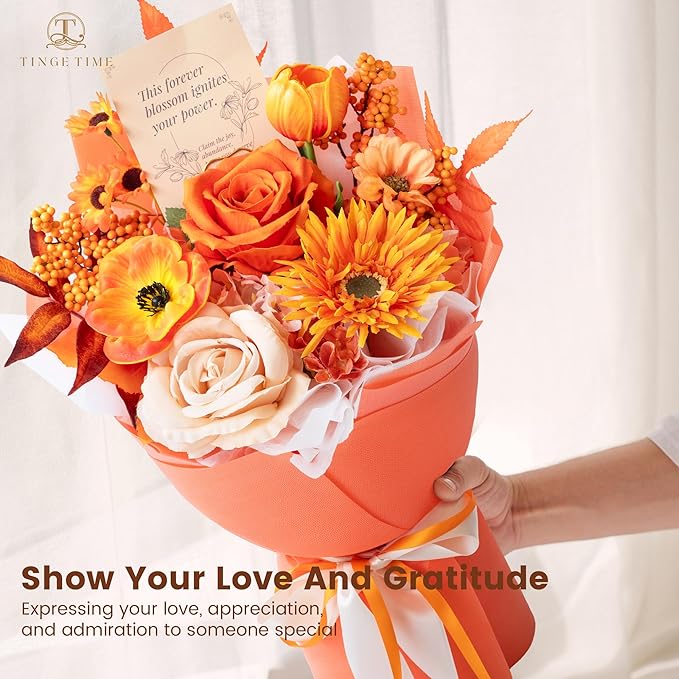 TINGE TIME Preserved Flowers Bouquet, Sunflower and Rose Bouquets, Orange Artificial Flowers Bouquet for Table Centerpiece Mothers Day Gifts Birthday Gifts Wedding Anniversary Housewarming