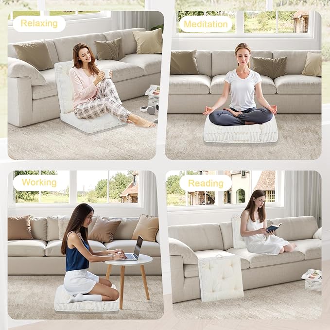 Meditation Floor Cushion, 22x22 Tufted Floor Pillow for Adults, Square Large Meditation Cushion Pillow, Corduroy Sitting with Handle, Yoga Seating for Tatami, Beige, 1Pack