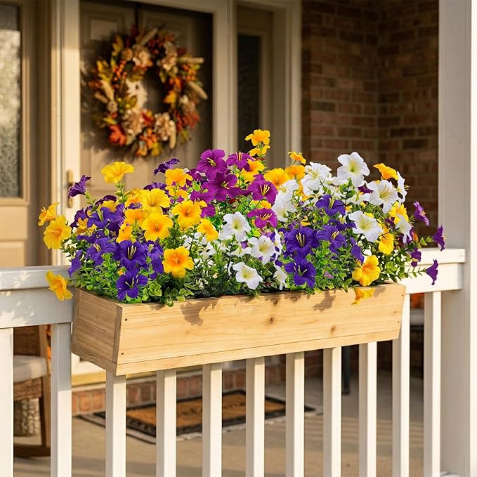 32 Pcs Faux Petunias Artificial Flowers For Outdoors, UV Resistant Fake Petunias Plants Realistic Silk Flowers for Porch Front Door Garden Window Outside Decor (32, White,Yellow,Purple,RedViolet)