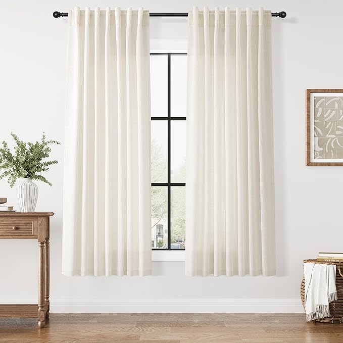 Nanspring Modern Linen Curtains 63 Inch Length for Living Room Light Filtering Semi Sheer Curtain Back Tab Neutral Luxury Modern Farmhouse Decor Linen Blend Drapes for Bedroom 52x63, 2 Panels