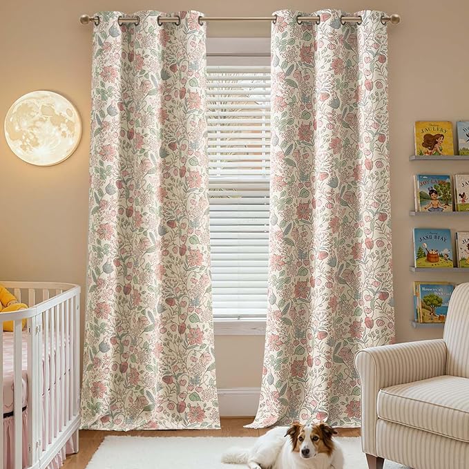 jinchan Nursery Curtains 95% Blackout Pink 96 Inch Long Floral Curtains for Girls Room, Farmhouse Drapes for Living Room Bedroom Darkening Window Treatment Grommet Top Set of 2 Panels