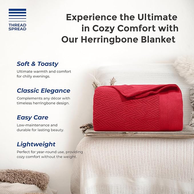 THREAD SPREAD Organic GOTS Certified Cotton Blanket, Twin/Twin XL - 350 GSM, Antistatic, Fuzzy Soft, Lightweight, Sofa, Camping & Travel, All-Season Herringbone Throw, Red + Stylish Bonus Tote Bag