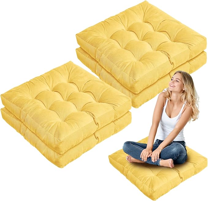 Jerify 4 Pcs Floor Pillow Cushions Large Round Square Large Meditation Floor Pillow for Classroom Adult Meditation Picnic Party Seating Learning Daycare School (Square,Yellow)