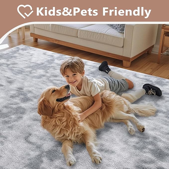 FinRèc 5x7 Washable Area Rugs for Bedroom Living Room, Low Pile Thin Ultra Soft Shag Rug, Non-Slip Carpet Indoor for Home Decor (Tie-dye Grey)