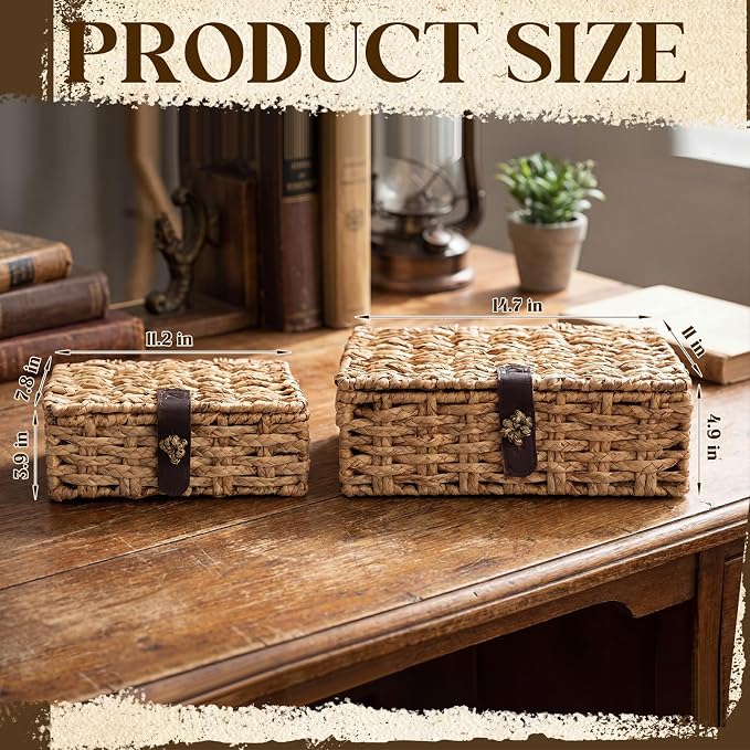 Novabright 2 Pcs Seagrass Storage Basket Box with Lid Decorative Box Storage Basket with Lid Rectangular Woven Shelf Baskets Bins for Table Home Decor Organize, 14.7 x 11 x 5 & 11 x 8 x 4 Inch