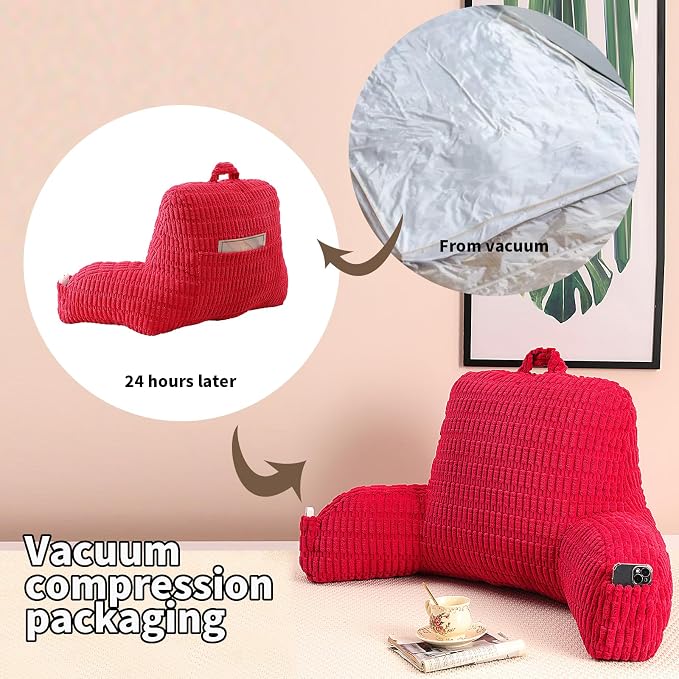 Reading Pillow for Sitting in Bed with Arm,Red Corduroy,M | Sitting Pillow for Teens Back Support,17" Backrest Pillow Supports Reading,Gaming & Relaxing in Bed,Couch,or Floor