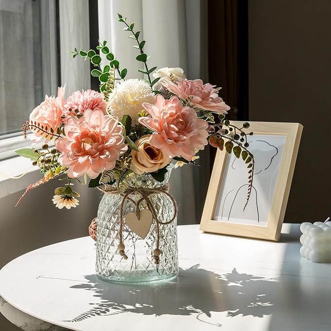 2 Pack Set Fake Flowers with Vase,Faux Flowers in Vase for Home Decor,Silk Pink Dahlia Artificial Flowers with Vase for Coffee Table Decor,Living Room Bathroom Plant Décor