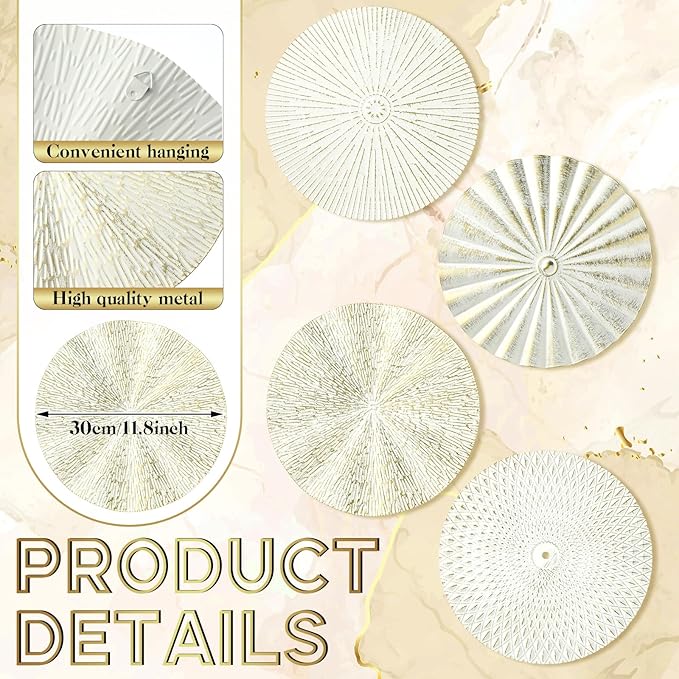 Hicarer 4 Pcs 12 Inch Metal Wall Art Decor Sunburst Hanging Metal Artwork Decor Wall Art Decorations for Home Living Room Office Gift for Christmas(White Gold)