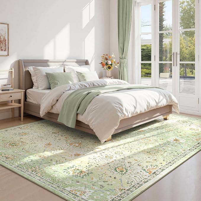 Lahome Flavie Sage Green Area Rug 8x10 for Living Room Bedroom, Soft Boho Floral Machine Washable Rugs, Non Slip Indoor Carpet for Nursery Playroom Indoor Home Decor