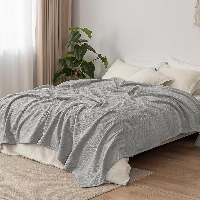 PHF 100% Cotton Muslin Blanket Queen Size 90"x90", 4-Layer Lightweight Gauze Throw, Breathable Cloud-Soft Minimalist Blanket for Bed, Couch, Camping & Baby, Light Grey, Ideal Gift
