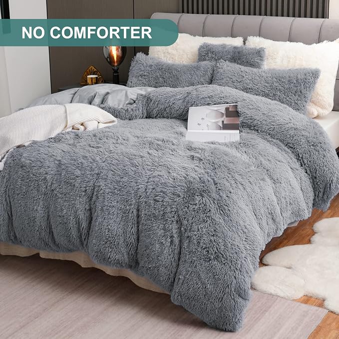 Fluffy Plush Duvet Cover Set King Size, Luxury Ultra Soft Velvet Fuzzy Comforter Cover Bed Sets 4Pcs(1 Faux Fur Duvet Cover + 2 Pillow Cases + 1 Pillow Cover) Zipper Closure (King, Light Gray)