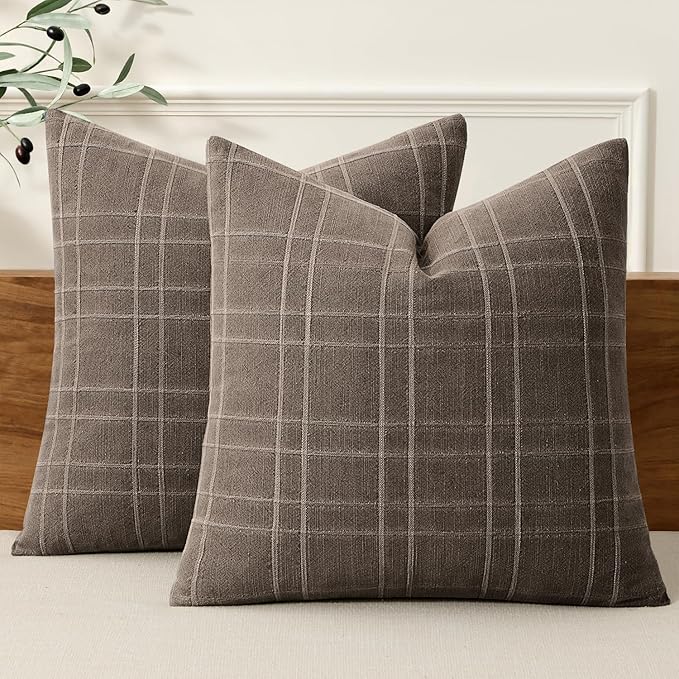 MIULEE Decorative Linen Check Throw Pillow Covers Neutral Farmhouse Vintage Pillow Covers 18x18 Set of 2 Boho Modern Winter Home Decor for Sofa Couch Bedroom Cushion Brown