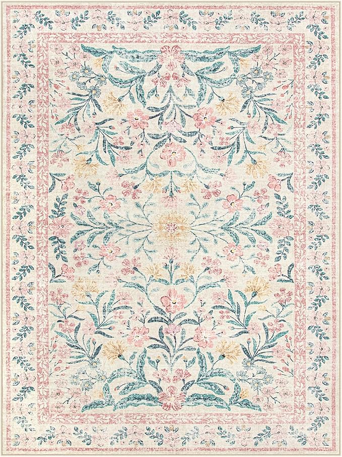 Wonnitar Floral Large Rugs for Living Room, Soft Light Pink Rug Washable 9x12 Carpet Non Slip, Boho Foldable Non-Shedding Kids Carpet for Bedroom Girls Nursery Dorm Playroom