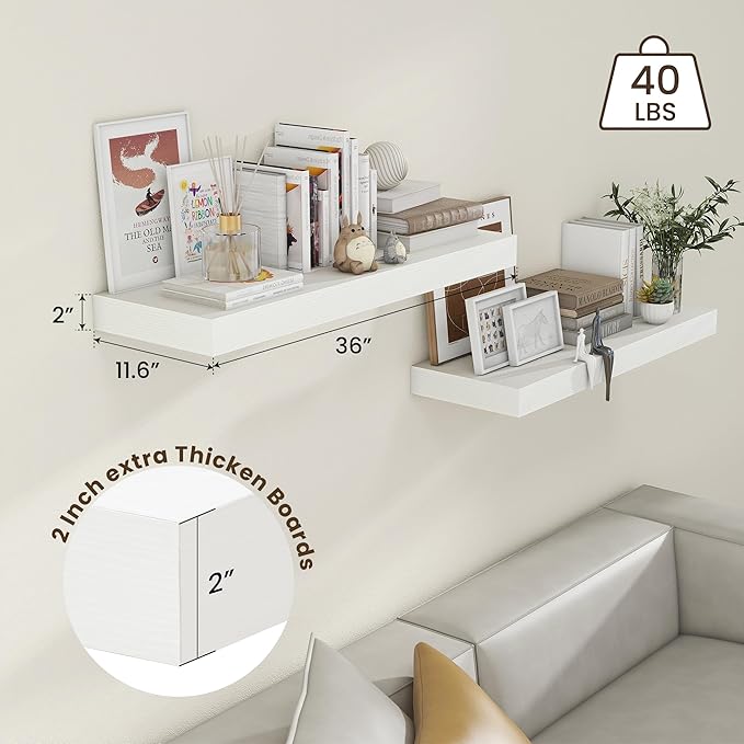 FLYJOE 36'' White Floating Shelves Set of 2, 12 Inch Deep Wood Shelves for Wall, 36 Inch White Shelves for Books, Toiletries, Kitchen Utensils, Laundry, 45Lbs, Hardware Included