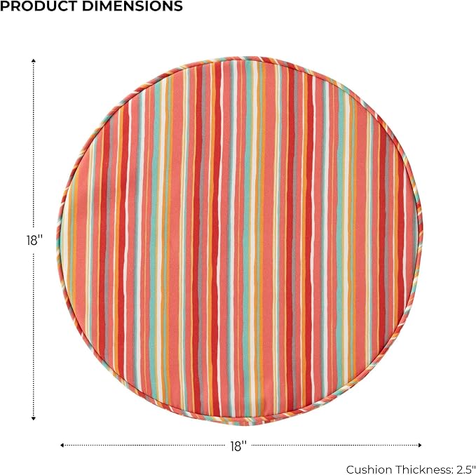 Set of 2 Outdoor 18 inch Round Patio Dining Chair Pads – Comfortable Fiber-Filled Seat Cushions with Ties, Reversible Polyester Fabric, Watermelon Stripe