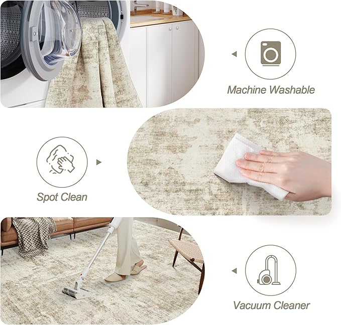 Soalmost 9x12 Area Rug for Living Room, Abstract Non Slip Machine Washable Vintage Carpets, Low Pile Lightweight Large Rug for Bedroom, Dining Room, Home Office Beige Gray