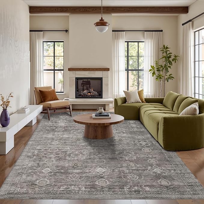 Rugxara 6x9 Area Rugs for Living Room Bedroom, Large Washable Rug, Grey Vintage Retro Boho Rug, Non Slip & Low Pile Faux Wool Thin Carpet for Indoor Dining Room and Kids Room(Taupe/Grey 6x9ft)