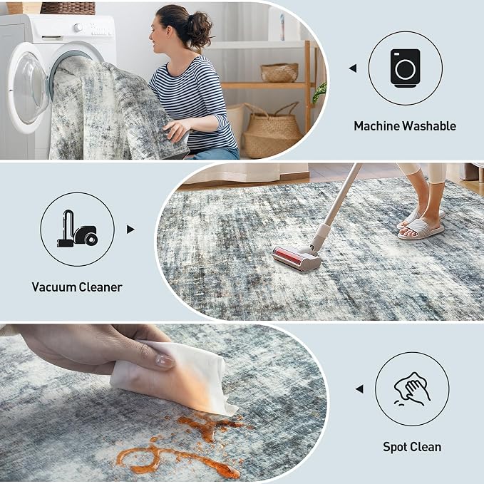 9x12 Area Rugs Washable Rug: Modern Abstract Living Room Rug Soft Anti-Skid Thin Carpet Indoor Floor Non-Shedding Carpets for Bedroom Dining Room Farmhouse Nursery Home Office Blue Multi