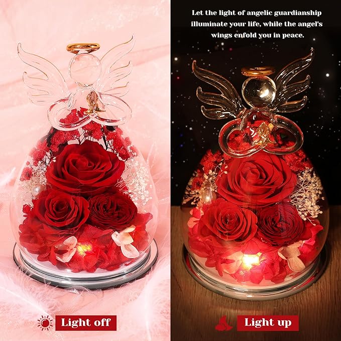 Gifts for Mom Mothers Day Birthday Gifts for Women Preserved Rose Forever Flower in Glass Angel Figurines Fresh Flowers for Delivery Anniversary Real Colorful Roses for Grandma Her Wife from Daughter
