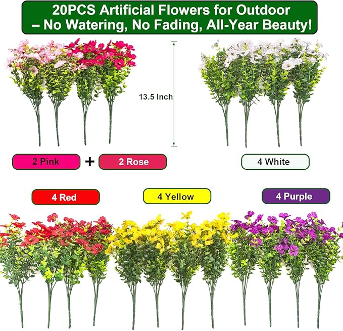 Grunyia 20 Bundles Artificial Flowers for Outdoors, UV Resistant Fake Plants Flowers Greenery Shrubs Plants for Decoration Outside Plants Hanging Planter Home Garden Decor (Mix（6 Color）)